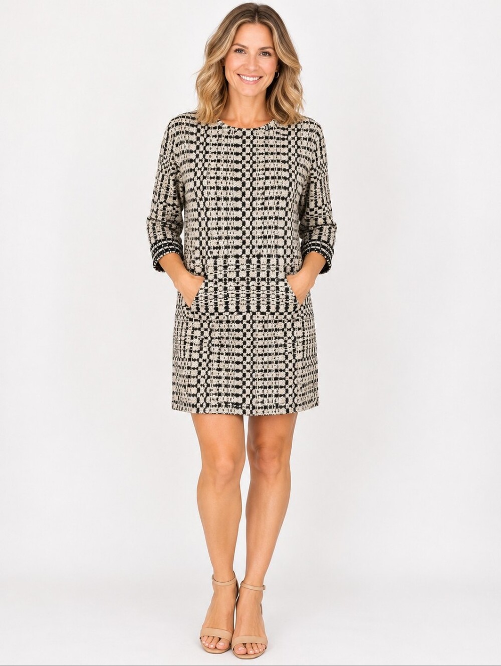 Billy Reid Textured Sweater Dress Small Black Cream Kangaroo Pocket USA